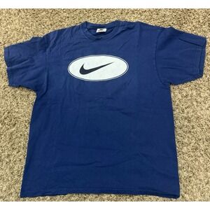 Vintage Nike T-Shirt Blue Oval Swoosh Logo Made in Mexico Mens Size Large